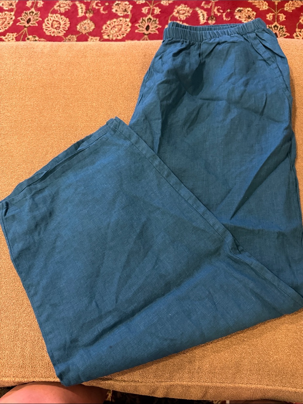 New Flax Women’s 100% Linen Wide Leg Teal pull On Pants Size Large (TD)